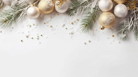 White background with Christmas tree branches and ornaments.の素材