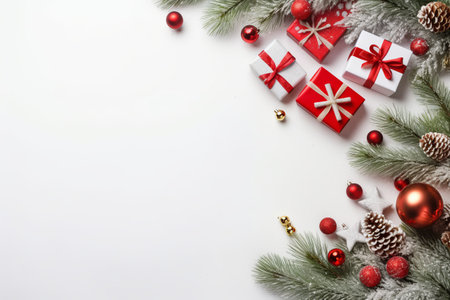 White background with Christmas tree branches and ornaments.の素材