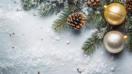 White background with Christmas tree branches and ornaments.の素材