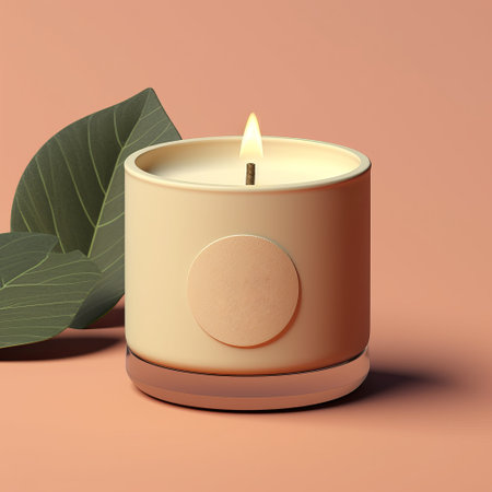 Cozy burning candle on a beige backgroundの素材