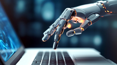 AI chat, artificial intelligence, robot advisor, robotic concept. Robotic hand presses the keyboard on a laptopの素材