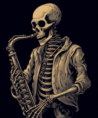 Skeleton playing the saxophone on a black background.の素材
