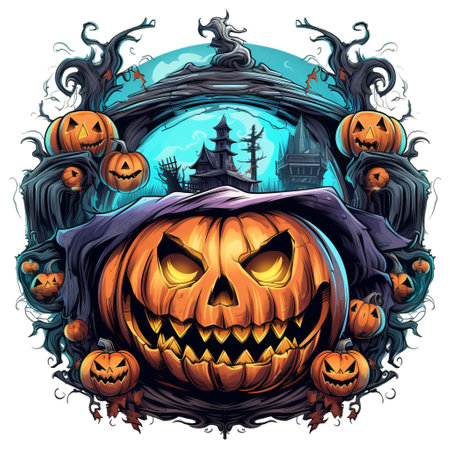 Halloween illustration. Evil pumpkin in blue hat.の素材