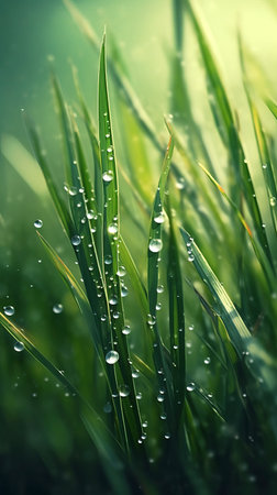 A drop of water on the grass and a sunny morningの素材