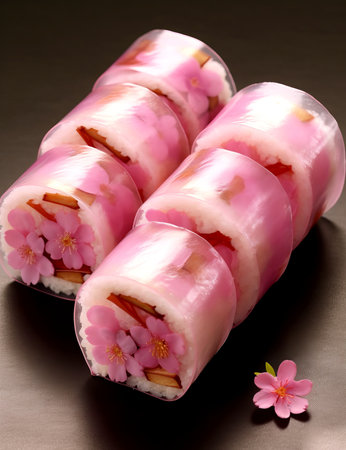 Pink sushi with sakura flowers.の素材