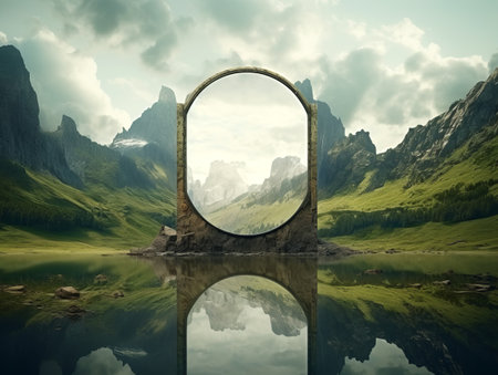 Magical portal in the mountains next to the lake.の素材