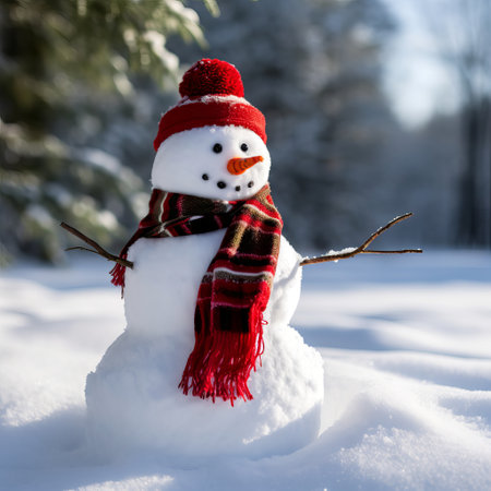 Merry christmas and happy new year greeting card with copy-space.Happy snowman standing in winter christmas landscape.Snow backgroundの素材