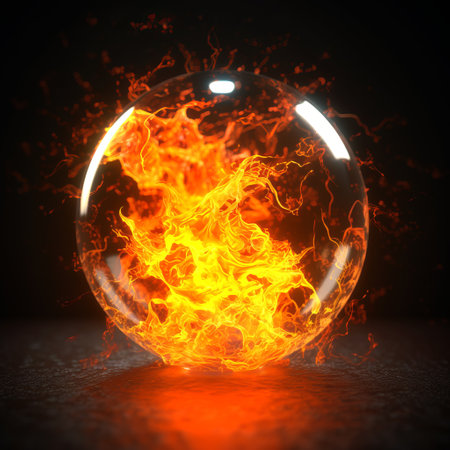 Electric ball, lightning fireball, yellow colored plasma sphere isolated on dark backgroundの素材