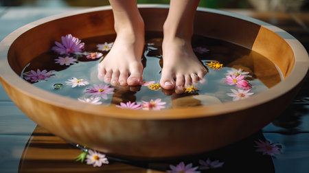 Feet in water with flowers. Pedicure concept.の素材