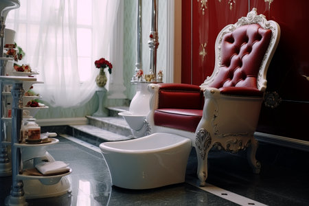 Red leather pedicure chair with professional equipment in a beauty salonの素材