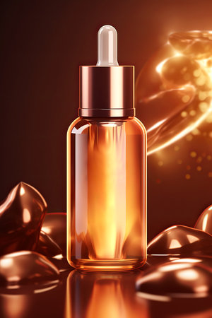 Essential whey oil in amber dropper bottle with golden cap isolate.の素材