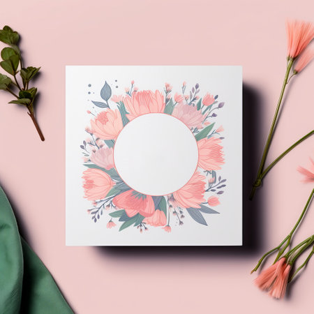 White box with flowers on a green background.の素材