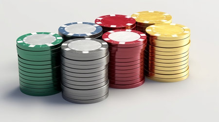 stacks of poker chips of different colors on a white background. illustrationの素材
