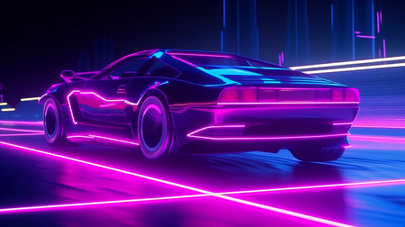 Futuristic retro wave synth wave car. Retro sport car with neon backlight contours. digital painting illustration.の素材
