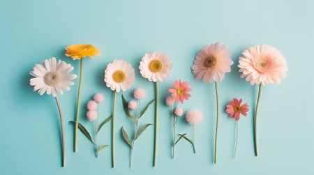 pink and white flowers together with ornamental plants form a composition on a blue background.の素材
