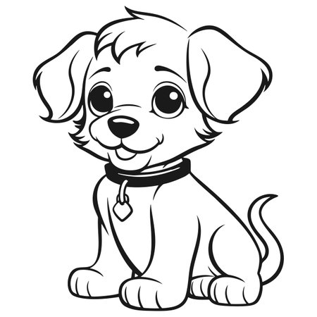 Vector isolated cute cartoon little puppy, black line outline drawing.のイラスト素材