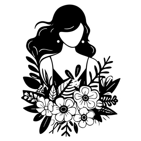 black and white illustration girl and flowerのイラスト素材