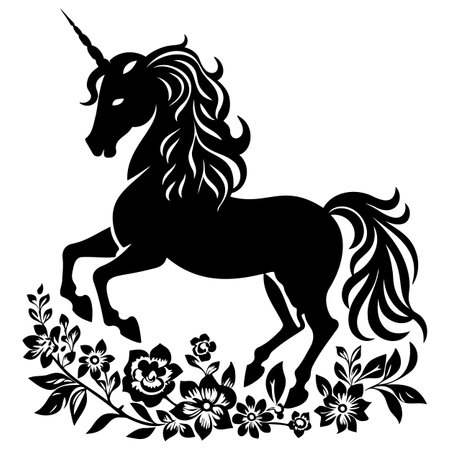 Magic unicorn silhouette, Stylish icons,vintage, background, horses tattoo. Hand drawn unicorn vector illustration, outline black.のイラスト素材