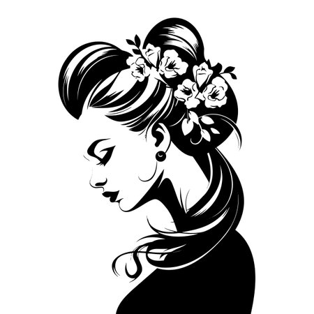 The face of a beautiful girl with flowers in her hair. black and white silhouette. Creative beauty design.のイラスト素材