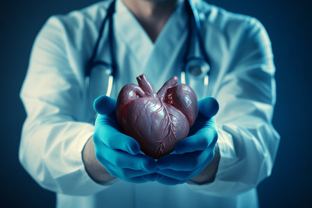 A doctor in rubber gloves holds a heart in his hands.の素材
