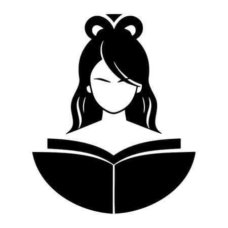 black and white illustration of a girl with coffee and a bookのイラスト素材