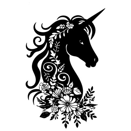 Unicorn black silhouette. Vector illustration drawing, isolated.のイラスト素材