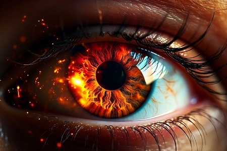 Close - up beautiful eye burning glowing fire in the eye iris.の素材