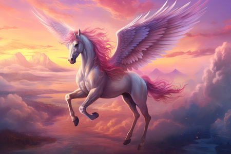Pegasus. Flying horse with pink wings in the cloud.の素材
