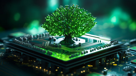 Tree growing on the converging point of computer circuit board.の素材