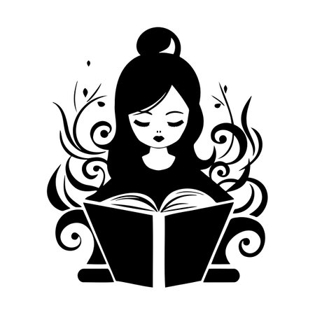 black and white illustration of a girl with coffee and a bookのイラスト素材