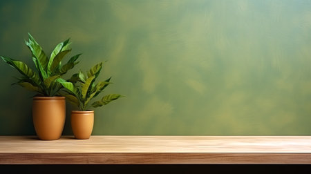 Brown wooden table with potted plants and green wall backgroundの素材
