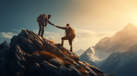 Hiker helping friend reach the mountain top.の素材