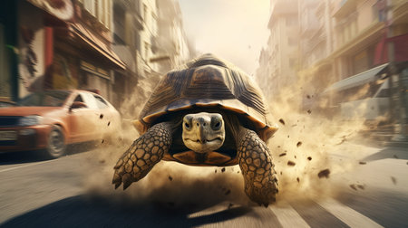 Turtle running extremely fast on busy city street.の素材