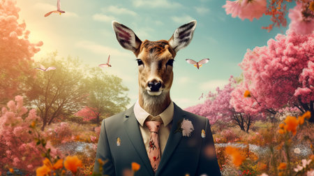 Deer doe in smart suit, surrounded in a surreal garden full of blossom flowers floral landscape.の素材