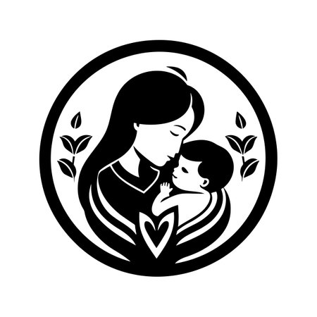 mother and baby stylized vector symbol, mom hugs her child logo templateのイラスト素材