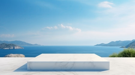 White marble podium with sea view on background.の素材