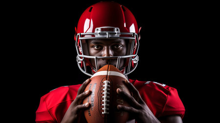 American football player in red uniform holding ball.の素材