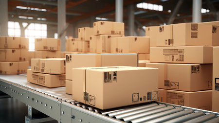 stacked shipping boxes for distribution by conveyor shipping conceptの素材