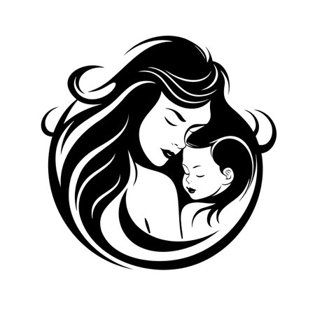 mother and baby stylized vector symbol, mom hugs her child logo templateのイラスト素材