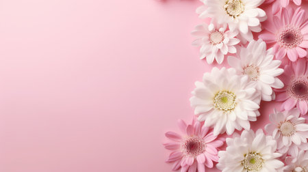 Several white and pink flowers on a pastel pink background.の素材