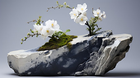 Bonsai on a rock with white flowers. 3d renderingの素材