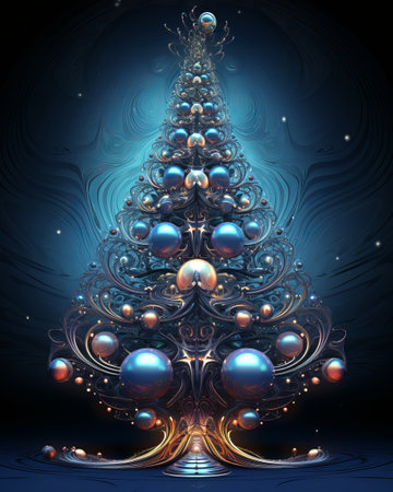 Abstract christmas tree with shiny spheres on dark background, 3d illustrationの素材