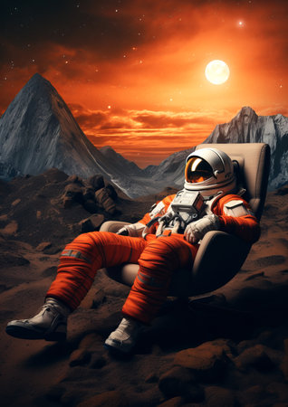Astronaut sitting in an armchair on the background of the planet.の素材