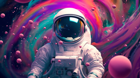 Beautiful painting of an astronaut in a colorful bubbles galaxy on a different planet.の素材
