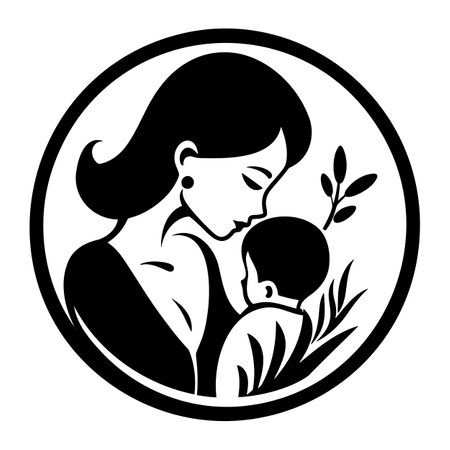 mother and baby stylized vector symbol, mom hugs her child logo templateのイラスト素材