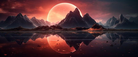 Fantasy island on the water with mountains and crimson sunset.の素材