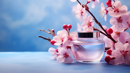 Romantic mockup with pink sakura blossom branches on blue background. Cosmetic product mockup with cherry blossomの素材