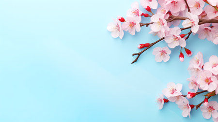 A pink sakura blossom branches on blue background.の素材