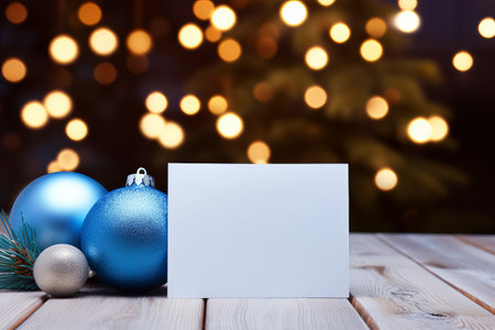Blank christmas card next to blue christmas decorations on wooden table.の素材