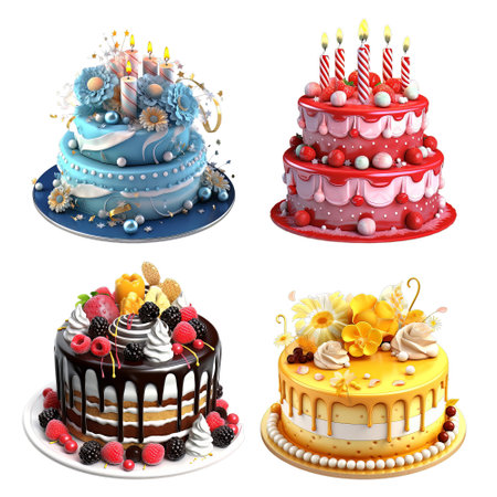 Set of birthday cakes isolated on white background. 3d rendering.の素材
